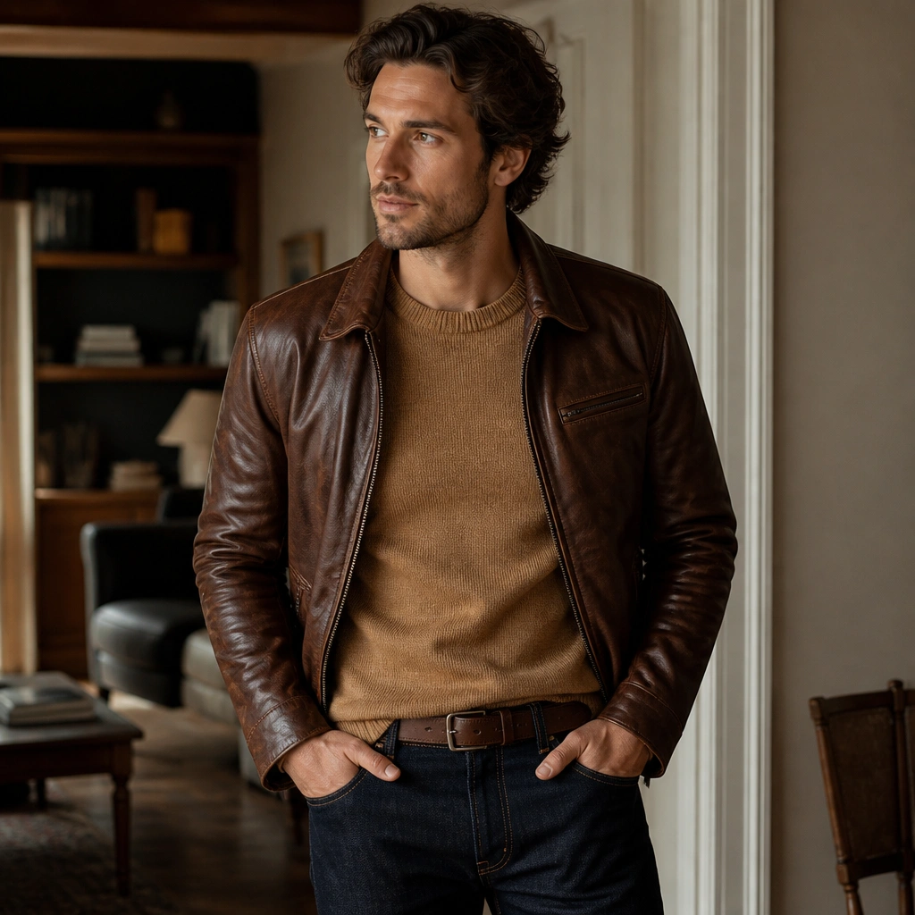 A camel knit sweater under a medium brown leather jacket, styled with dark straight jeans and a matching brown belt, standing in a cozy indoor light.
