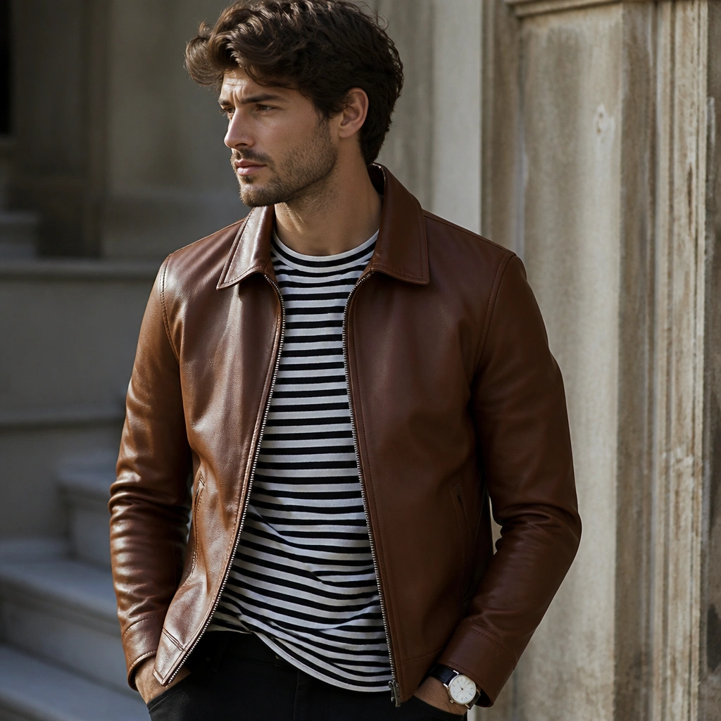 A cognac-brown leather jacket over a black-and-white striped tee, with black jeans and a simple watch, photographed from the waist up.