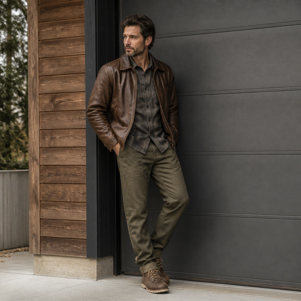 A brown leather jacket worn over a gray flannel shirt, paired with olive chore pants and rugged work boots, posed near a garage door.