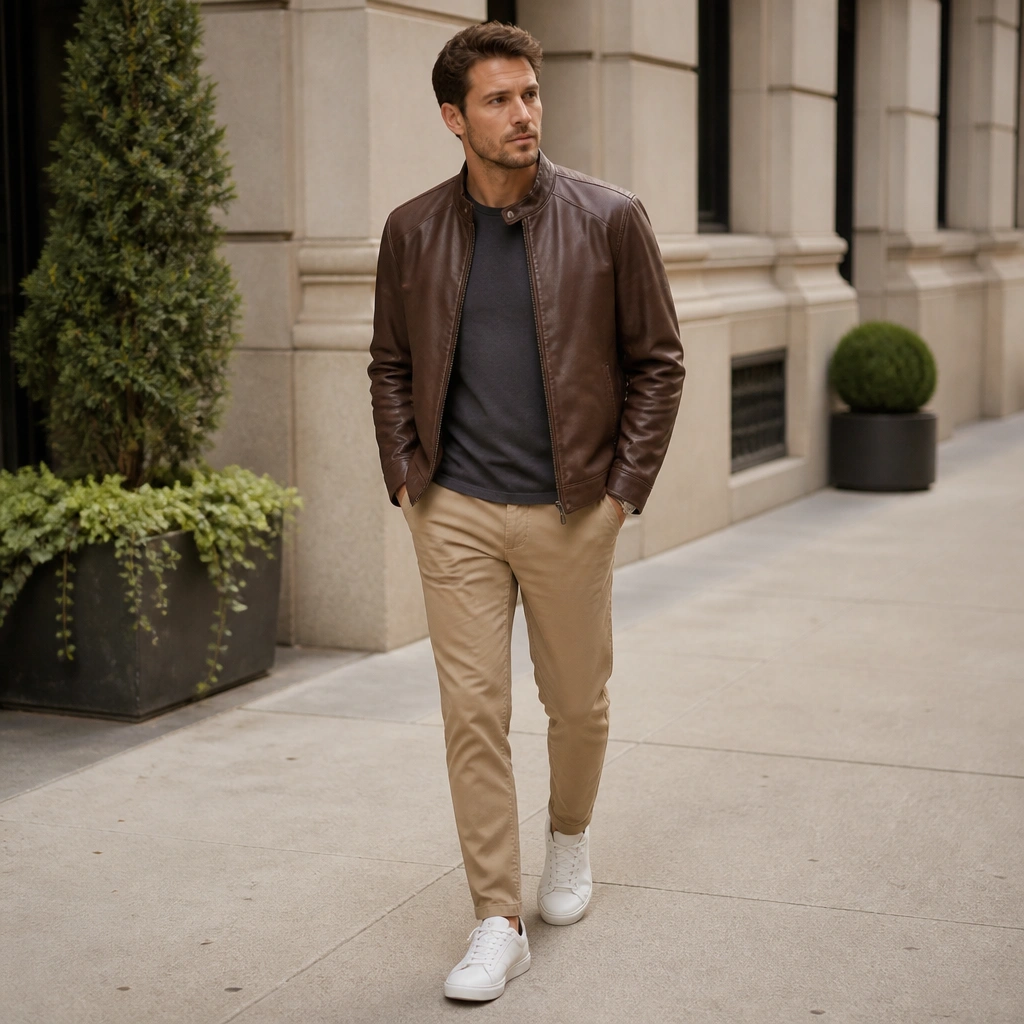 A brown leather jacket over a charcoal t-shirt, paired with tan chinos and white leather-look sneakers, photographed on a clean sidewalk.