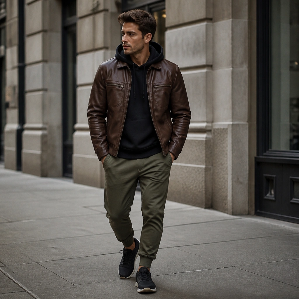 A brown leather jacket layered over a black hoodie, with olive joggers and dark sneakers, shown in a casual street photo with the hood tucked down.