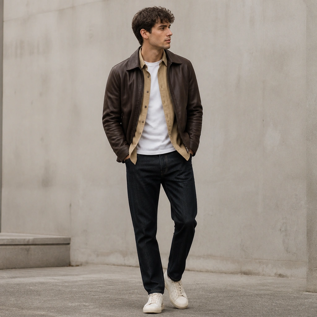 A white t-shirt under a tan overshirt, layered beneath a brown leather jacket, with dark jeans and minimal sneakers, shown outdoors with a neutral background.