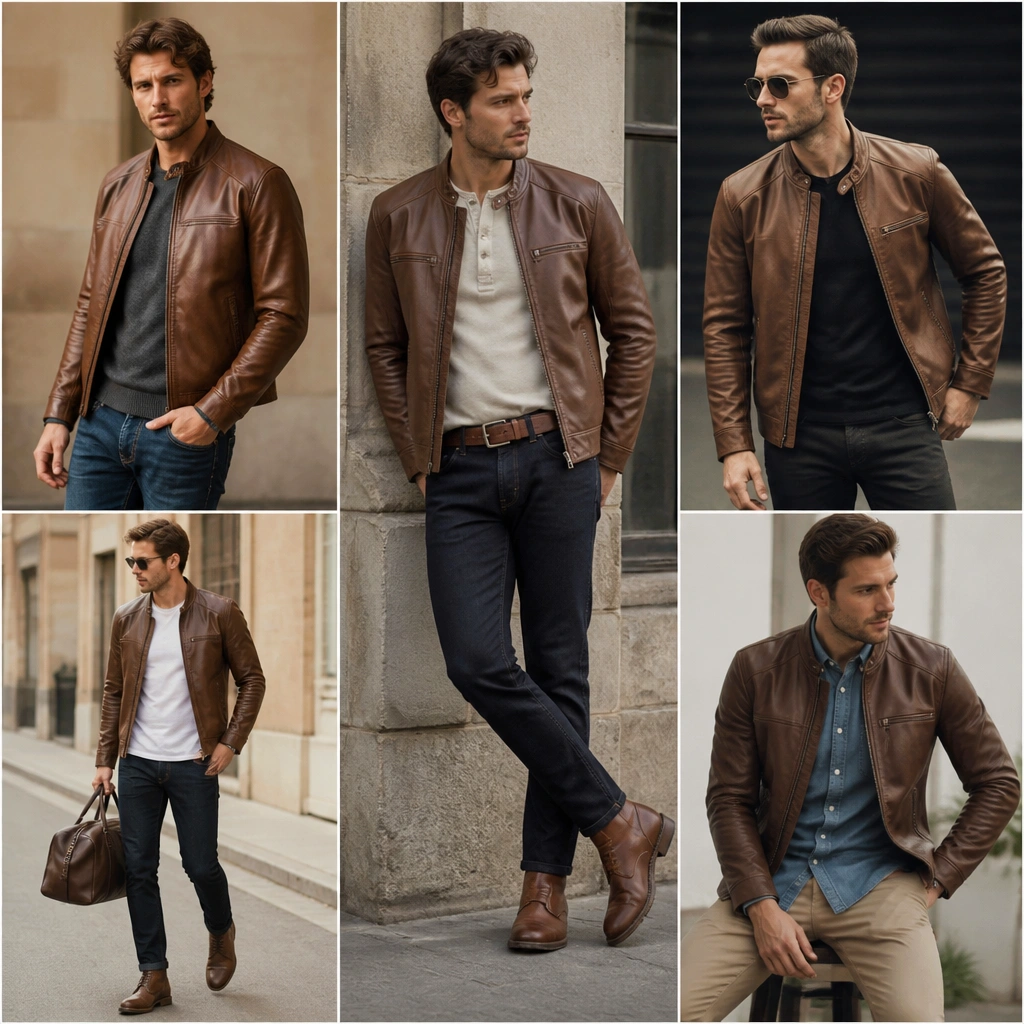 Affordable Brown Leather Jacket Outfit Men Ideas