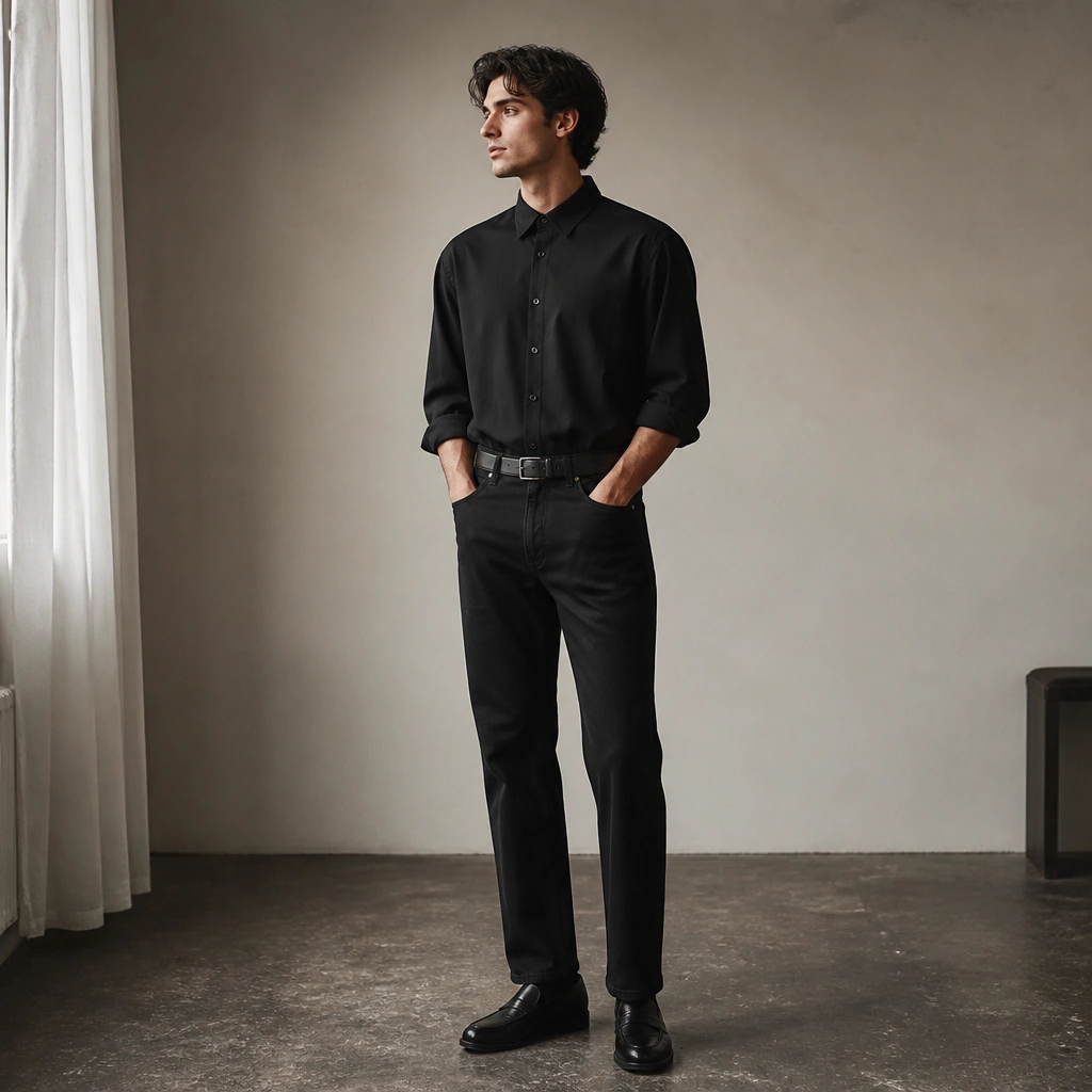 A black oversized button-up shirt worn fully buttoned, paired with straight-leg black jeans. Sleeves are rolled to mid-forearm, and the outfit includes simple black loafers with a clean belt.