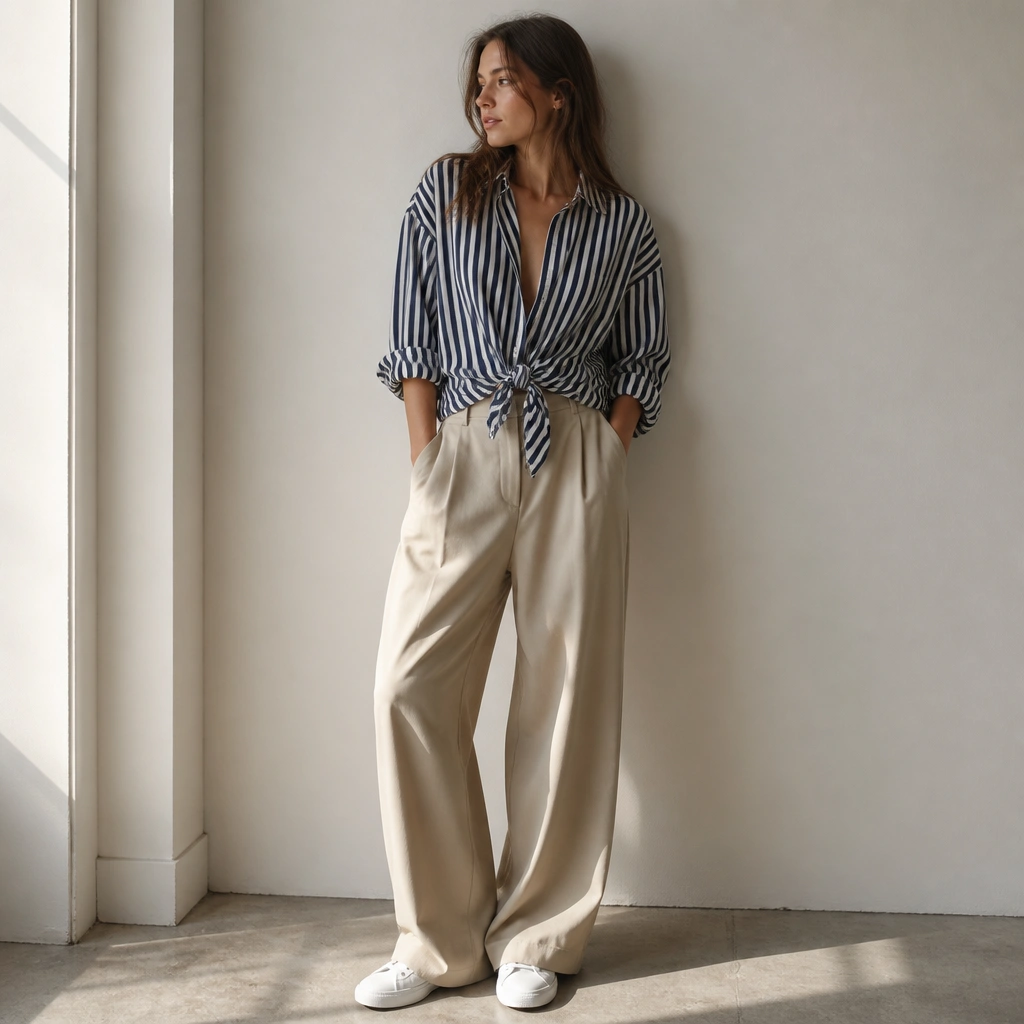 A navy-and-white striped oversized button-up worn with wide-leg beige trousers. The shirt is tied at the front with a short knot, sleeves rolled, and the shoes are white sneakers.
