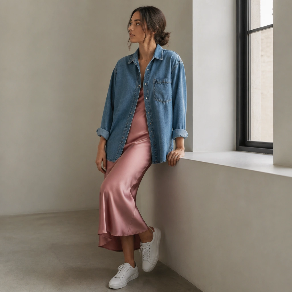 A blue oversized denim button-up worn open over a satin slip skirt in rose or dusty pink. The shirt sleeves are rolled once, and the outfit is finished with white low-top sneakers.