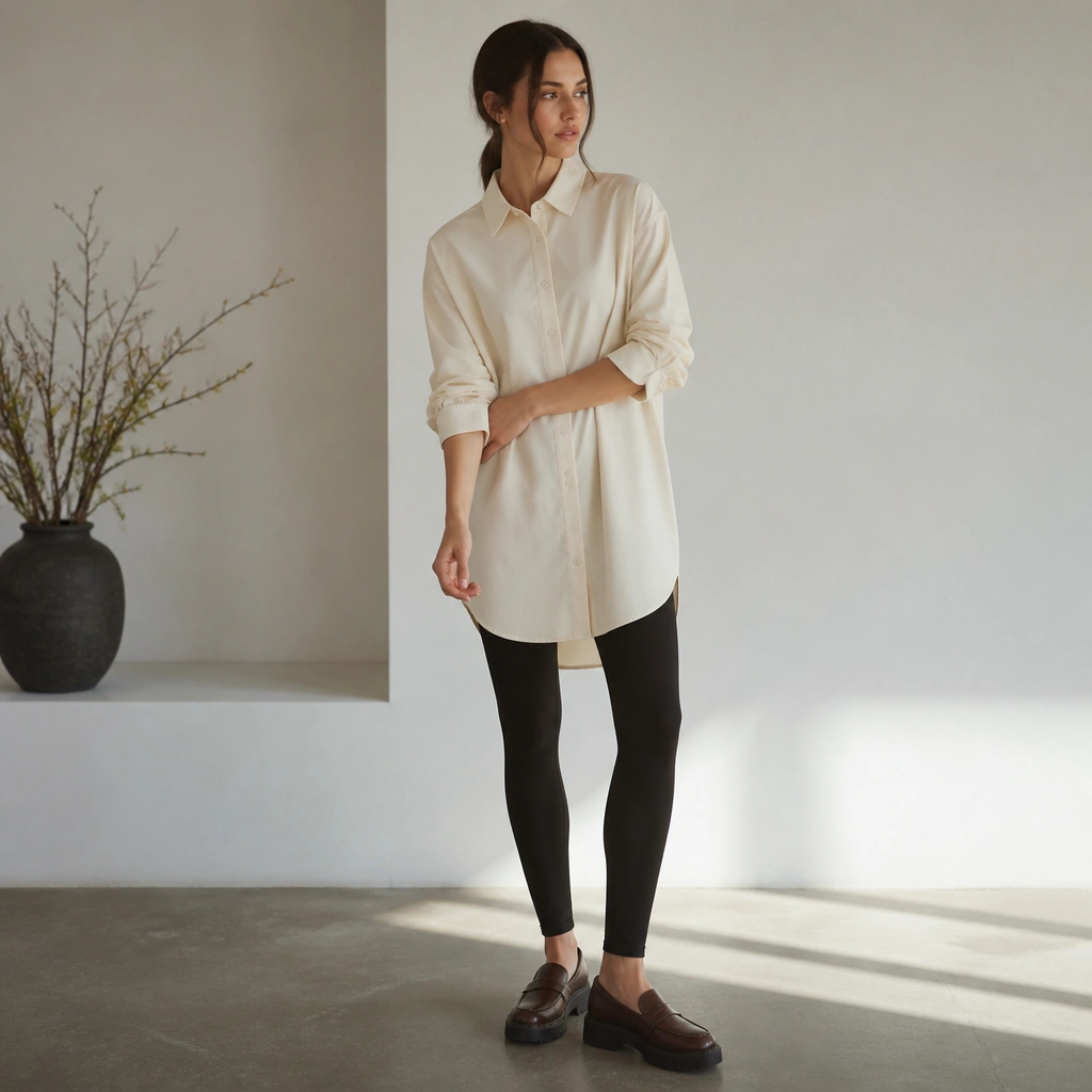 A cream oversized button-up shirt worn as a tunic over black leggings. The shirt is buttoned at the top, with the sleeves rolled and chunky brown loafers.