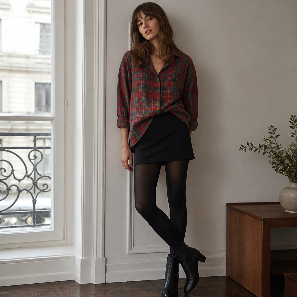 A red-and-green plaid oversized button-up worn over black opaque tights and a black mini skirt. The shirt is half-tucked in front, and the sleeves are rolled neatly with ankle boots.
