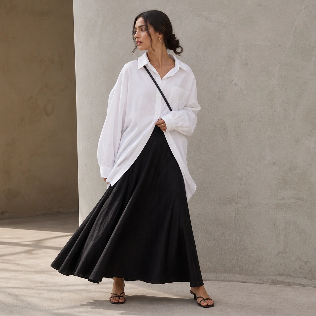 An oversized white button-up worn open over a flowing dark maxi skirt. The shirt is draped to the side, showing the skirt’s movement, with light sandals and a thin crossbody strap.