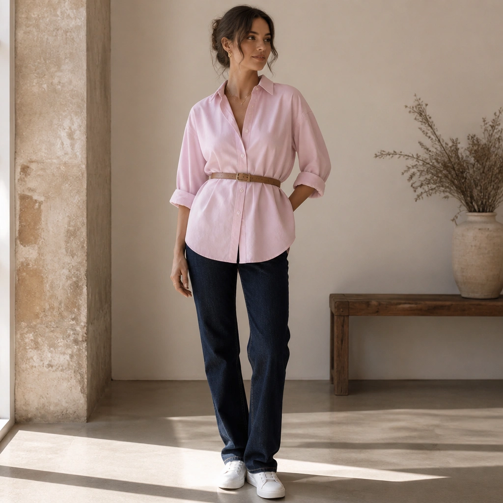 A pastel pink oversized button-up worn over dark indigo jeans. The shirt is belted at the waist with a slim tan belt, sleeves rolled, and the shoes are white sneakers.