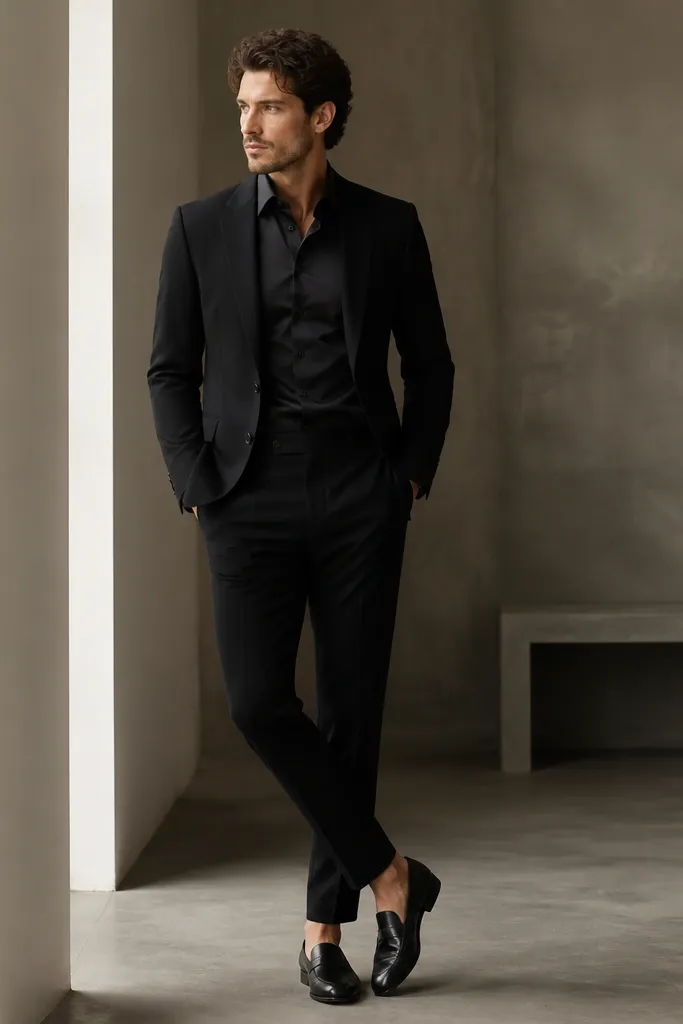 An all-black ensemble with a slim single-breasted jacket and tapered trousers. The shirt collar and placket show a subtle satin sheen, and the shoes are black leather loafers with a low profile.