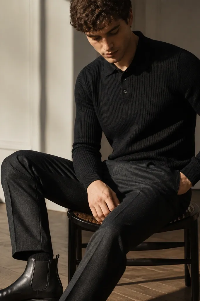 A close-to-mid shot of an all-black look: a ribbed knit polo in black, charcoal-black wool trousers, and black leather Chelsea boots. The texture of the polo is clearly visible under directional light.