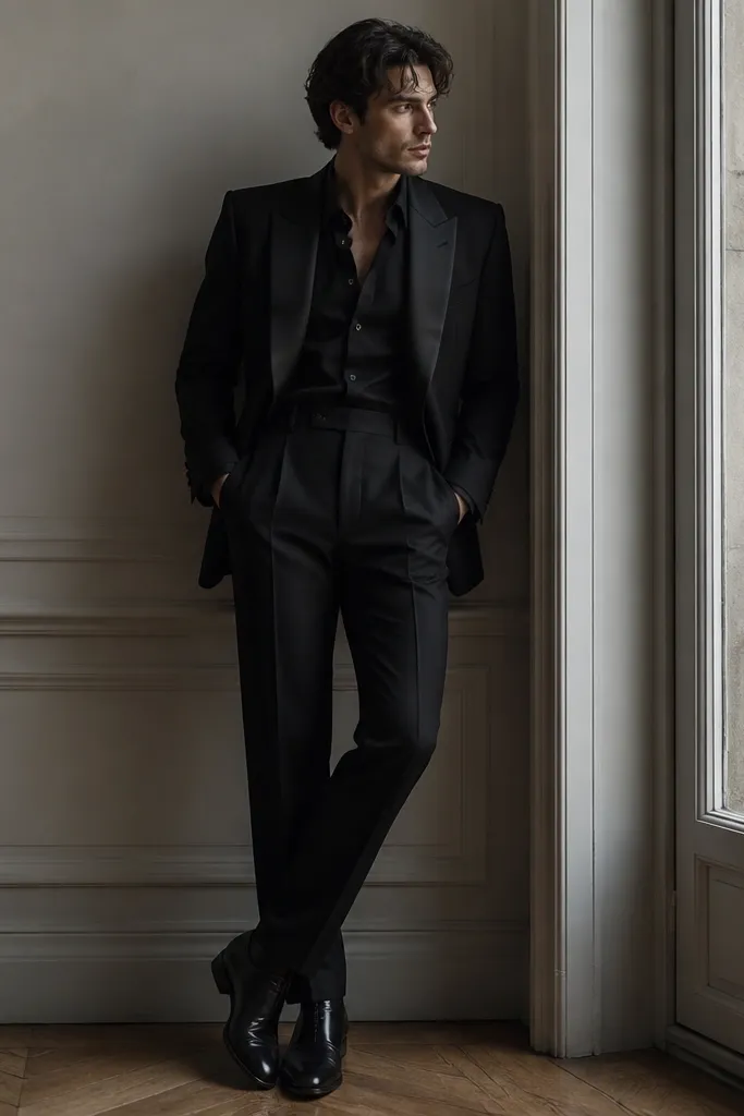 A dramatic all-black blazer with satin lapels and structured shoulders. The model pairs it with high-waisted black trousers and a black dress shirt; the shoes are black leather with a subtle shine.