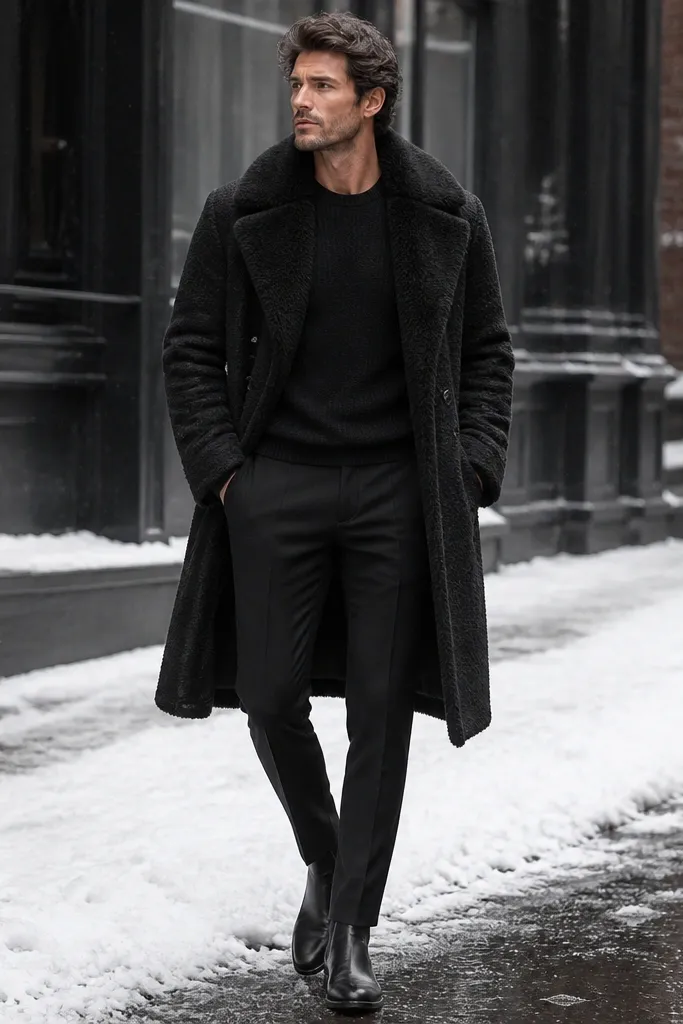 A winter-ready all-black outfit featuring a long coat with a plush shearling-look collar and textured body, a black crewneck knit sweater, black dress pants, and black boots.