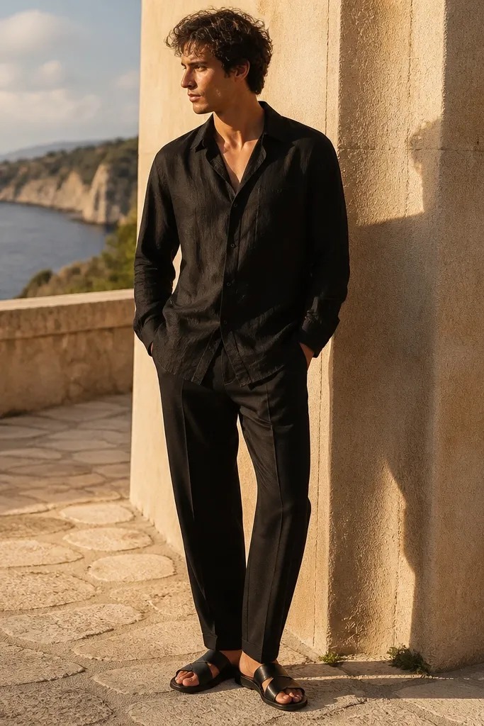 A warm-weather all-black outfit: a black linen button-down with visible linen slub texture, black tailored trousers, and black leather minimalist sandals. The scene is outdoors with golden-hour lighting.