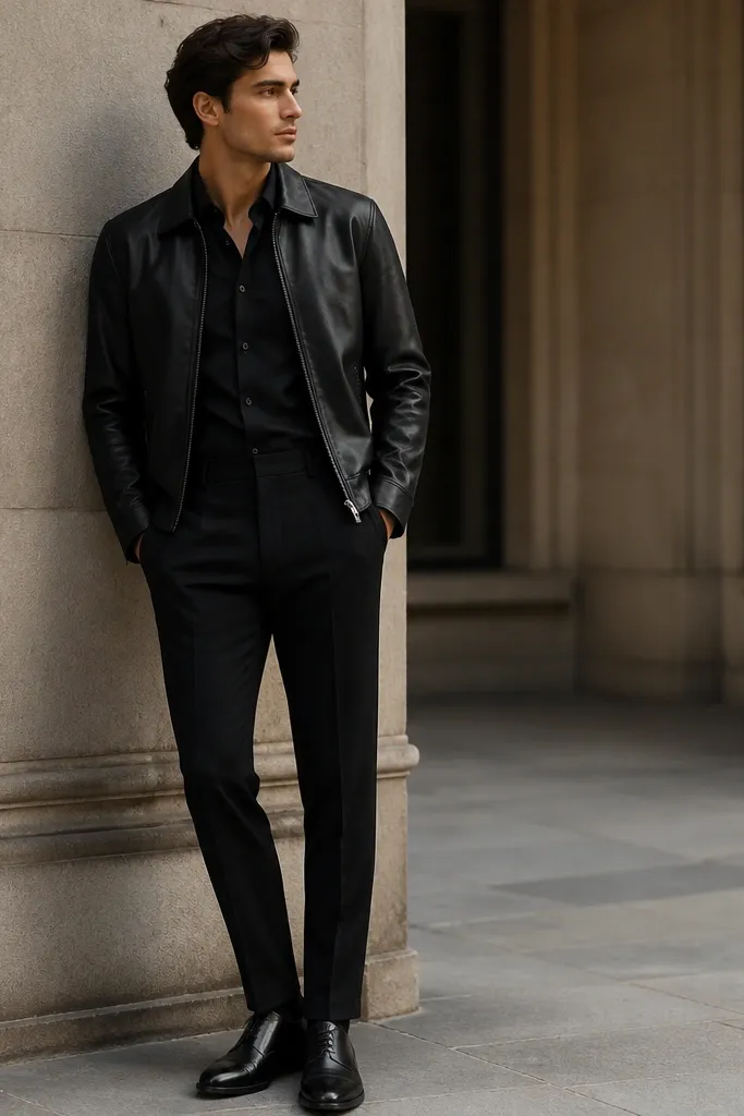 An all-black look with a black leather jacket, a black button-down dress shirt (collar visible), slim wool trousers, and black leather dress shoes. The leather has a subtle sheen with clear grain.