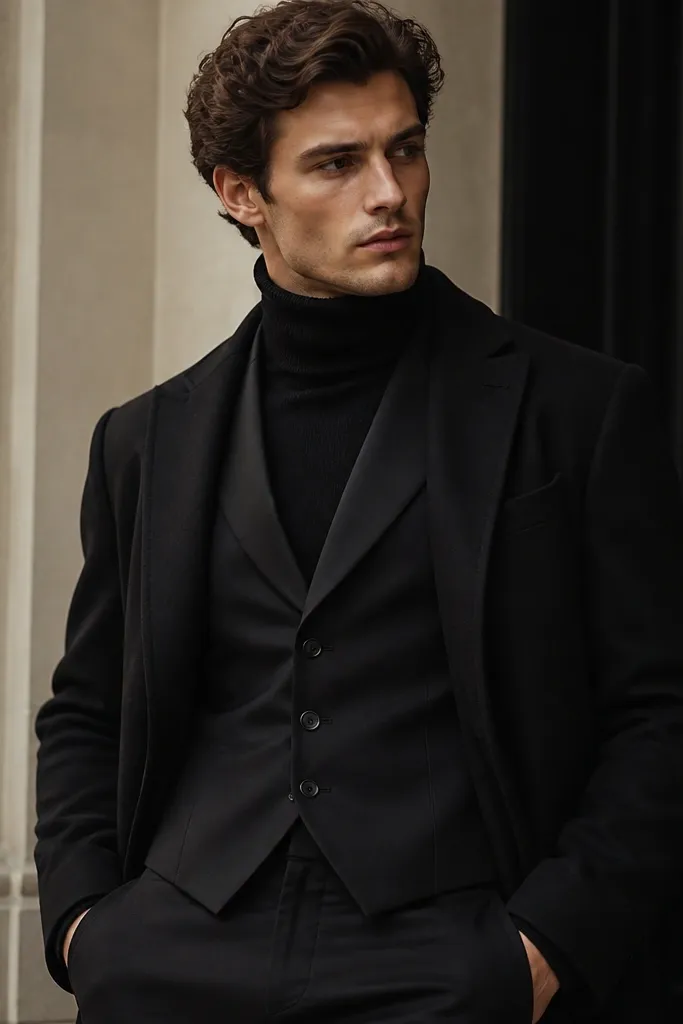 A layered all-black outfit: a fitted black turtleneck, a black suit vest with a subtle sheen, and a single-breasted black coat. The model’s turtleneck collar sits neatly under the vest.