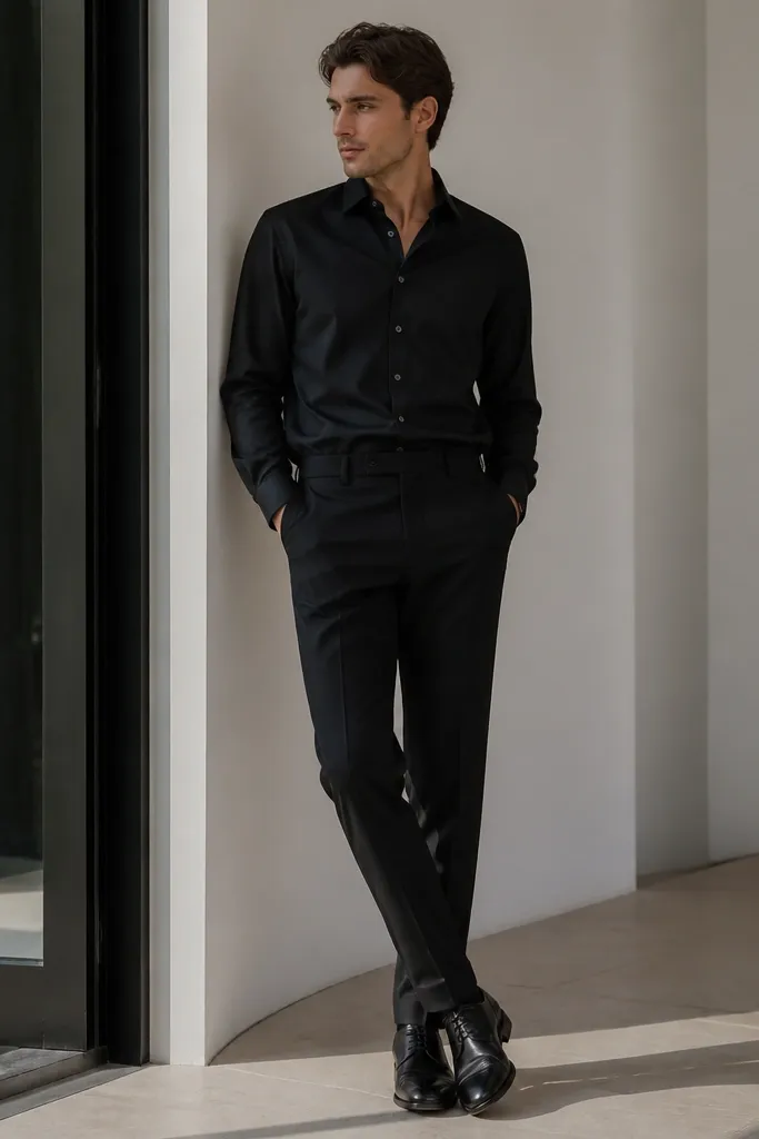 A smart all-black outfit: a black poplin button-down shirt, black chinos with a crisp press crease, and black derby shoes. The fabric looks slightly crisp and structured.