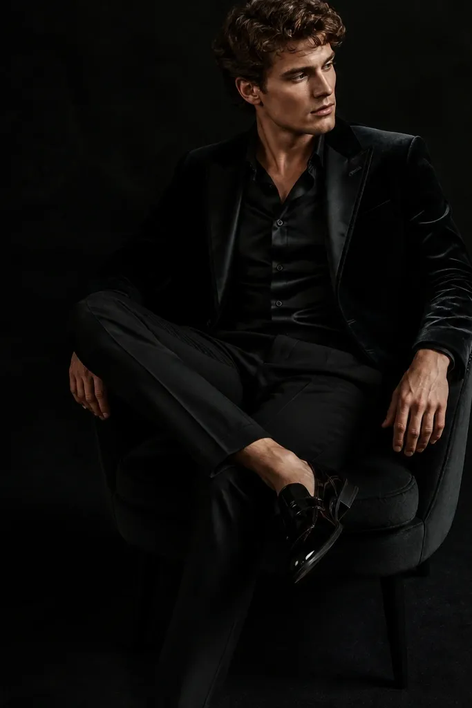 A striking all-black look: a velvet blazer with short pile catching light, a satin-back black dress shirt, and patent-leather loafers with a high-gloss finish; the background is dark to highlight shine.