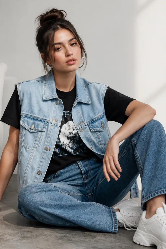 A denim vest in light blue worn over a black graphic tee; straight jeans in medium wash; silver hoop earrings and chunky white sneakers.