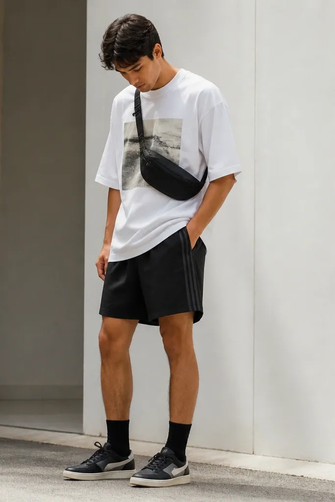 Black track shorts with a subtle stripe detail worn with an oversized white graphic tee; black crew socks; low-profile sneakers; a small waist bag.