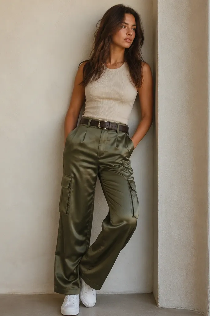 Shiny olive satin cargo pants paired with a fitted ribbed tank in cream; thin gold chain; white sneakers; slightly glossy belt.