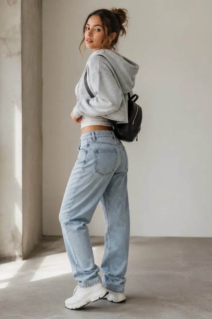 A light gray cropped hoodie worn over a white fitted tee; low-rise light-wash jeans; chunky white sneakers; a black mini backpack.