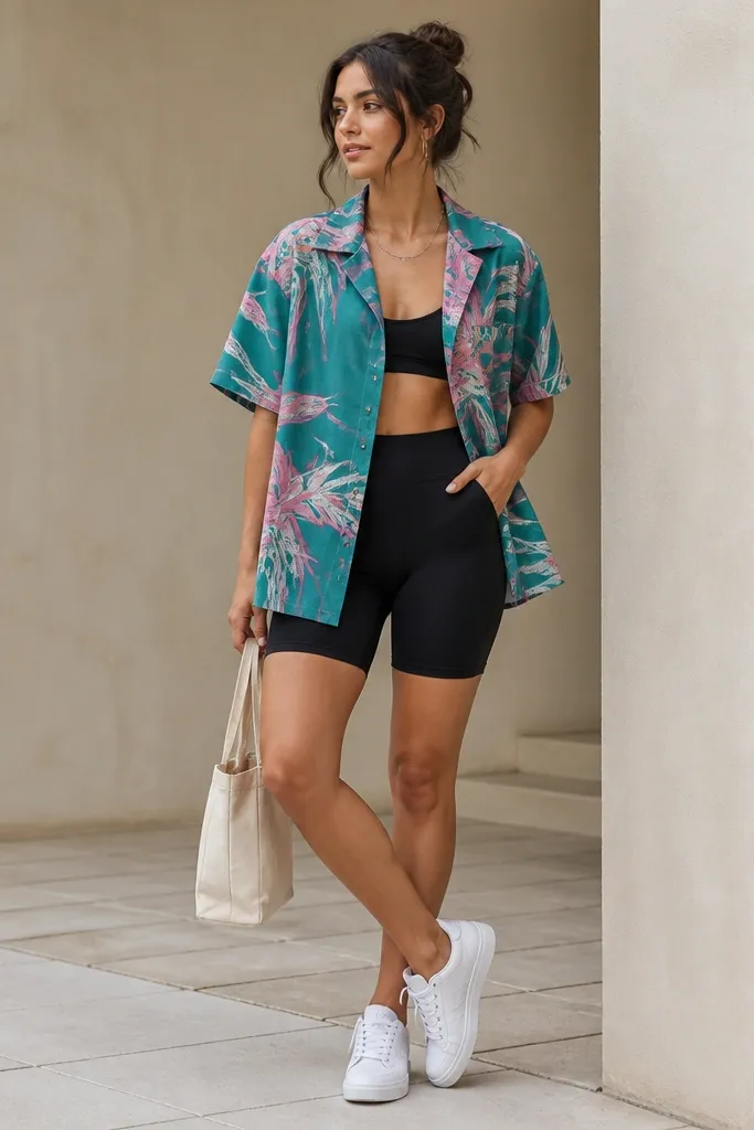 A short-sleeve printed button-up in teal and pink worn open over black bike shorts; white low-top sneakers; thin silver necklace; small tote bag.