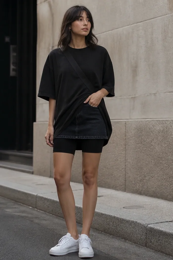 An oversized black graphic tee worn with a mini skirt in dark denim; biker shorts underneath in black; white sneakers; crossbody strap across the chest.