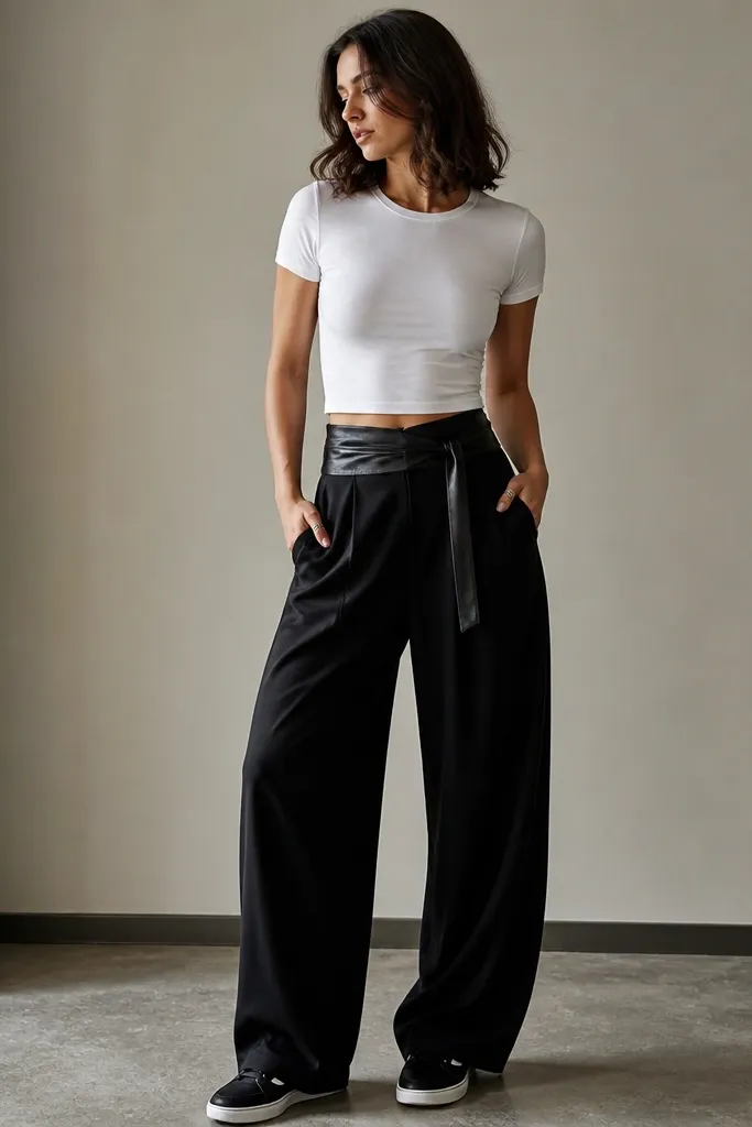 A fitted baby tee in white tucked into wide-leg black pants with a shiny wrap belt; silver rings; black sneakers with white soles.