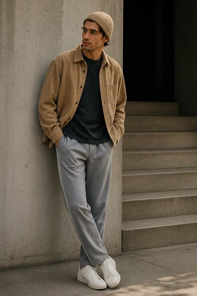 A tan corduroy overshirt worn open over a dark tee; gray track pants with a subtle stripe; white sneakers; beanie.