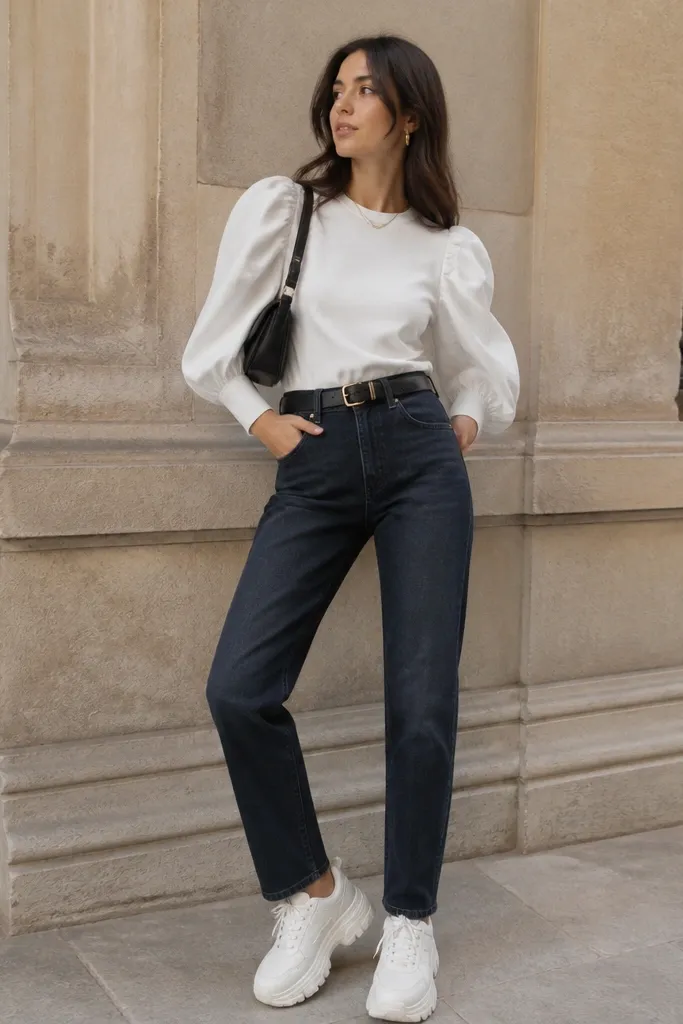 A white top with noticeable bubble sleeves paired with straight dark-wash jeans; black belt; chunky white sneakers; small shoulder bag.
