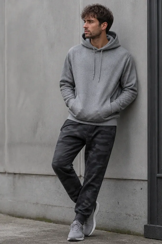 Charcoal-toned camo pants with a medium-grey hoodie. Footwear is a compact runner sneaker in grey with subtle white soles.