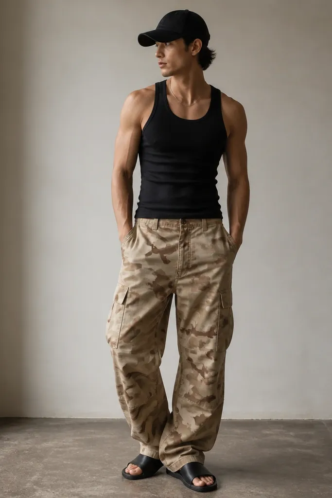 Tan camo pants paired with a black baseball cap and black minimalist slide sandals. The outfit is set against a simple indoor background.