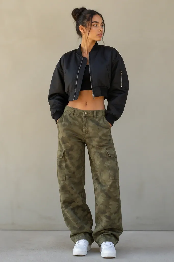 Olive camo pants worn with a cropped black bomber jacket. White sneakers are centered in frame, with the jacket hem ending above the belt line.