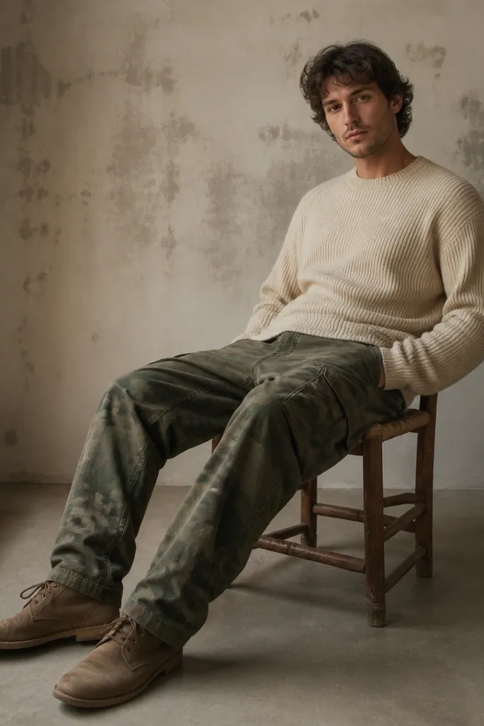 Olive camo pants styled with a cream crewneck sweater. Desert boots in light brown sit low and flat, with visible creases at the toe.