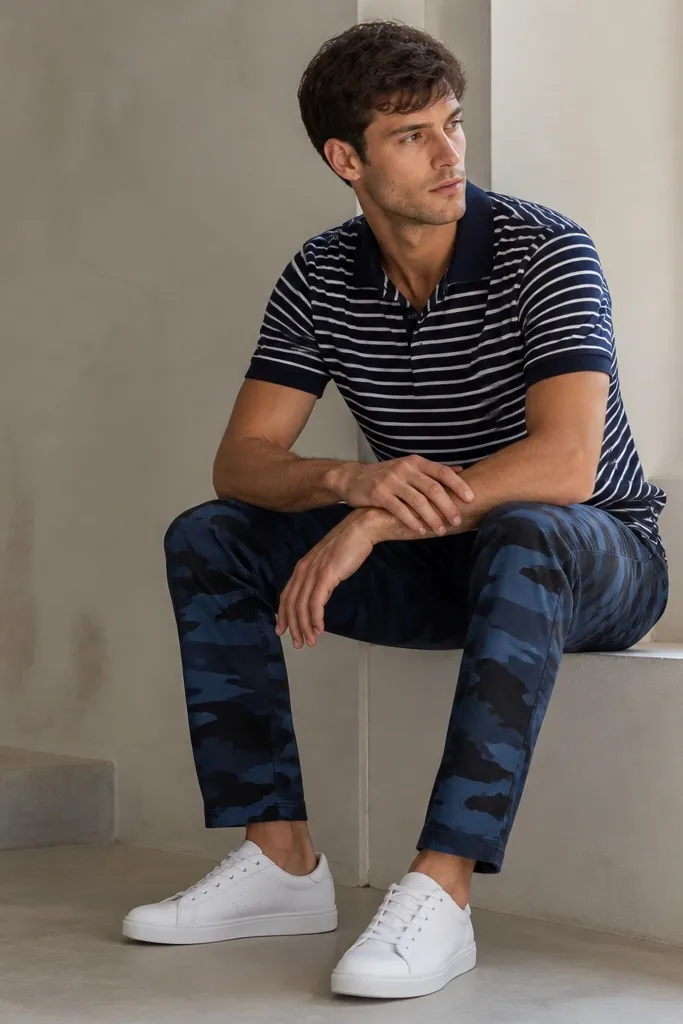 Blue-black camo pants paired with a navy-and-white striped polo shirt. White court sneakers with thin soles are shown clearly.