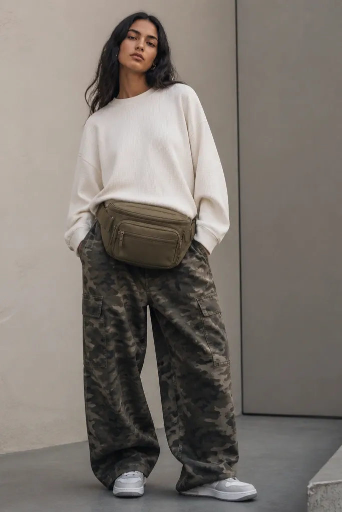 Baggy camo pants with an oversized belt bag worn across the waist. A clean trainer in white/grey is visible, and the belt bag sits high on the hips.