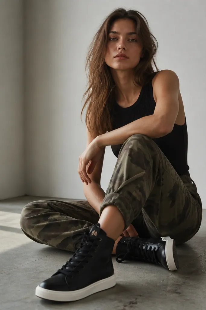 Olive camo pants with a fitted ribbed tank in black. High-top sneakers in black show ankle support and a clear contrast sole.