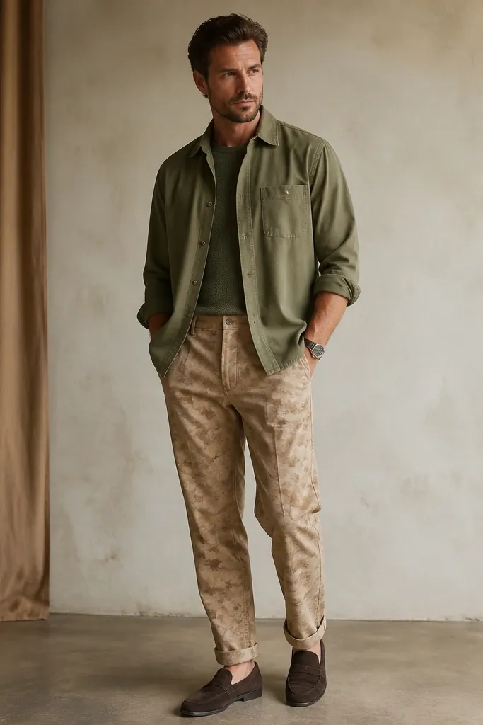 Tan camo pants styled with an olive overshirt. Footwear is suede-look loafers in dark brown, with a relaxed but polished stance.
