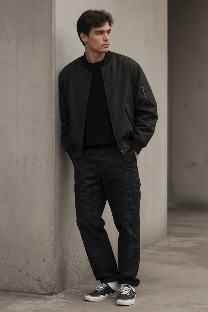 Black camo pants with a bomber jacket in dark green/black. White crew socks peek above low sneakers, and the hem has a slight break.