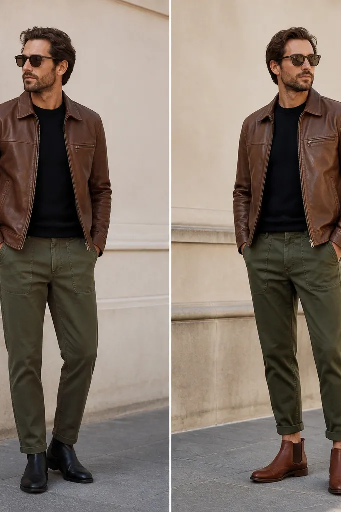 A split image: left has black Chelsea boots under a brown leather jacket with olive pants; right keeps the same jacket but uses chestnut brown Chelsea boots with the olive pants styled slightly higher at the ankle.