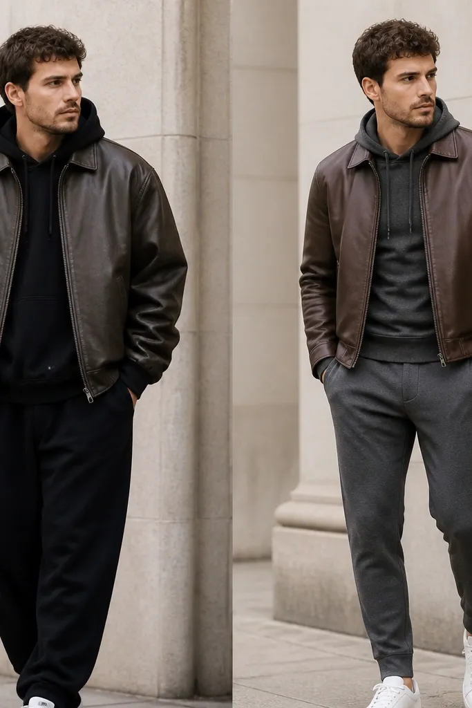 Left: brown leather jacket worn over a bulky black hoodie with wrinkled sleeves and black sweatpants. Right: same jacket over a fitted charcoal hoodie, sleeves neatly under the jacket cuff, paired with tapered gray joggers.