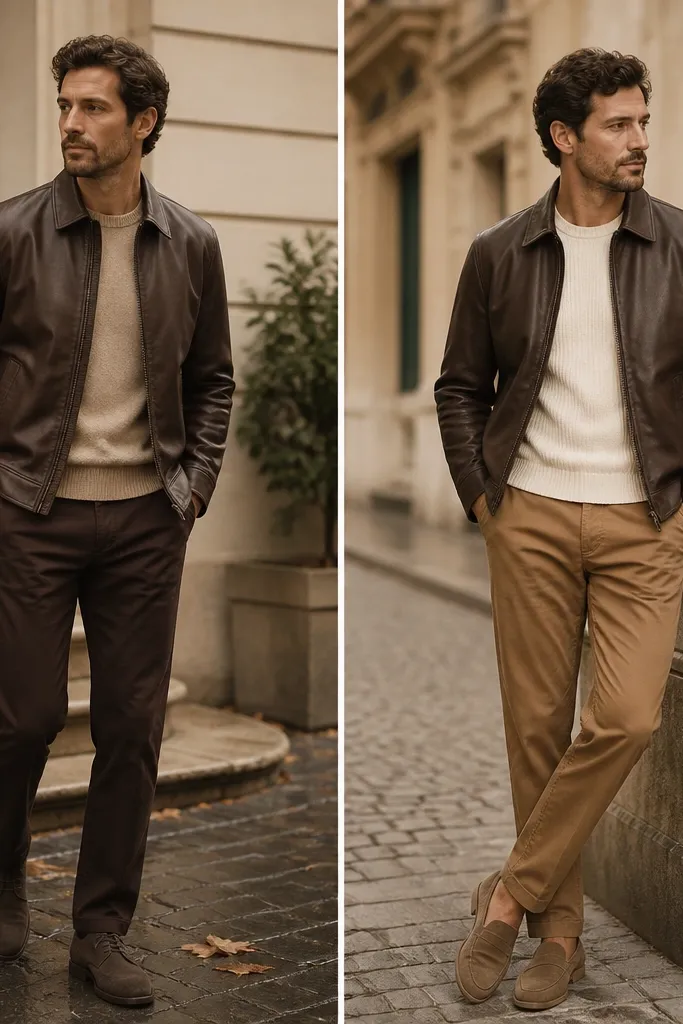 Split photo: left shows brown leather jacket over a beige knit with dark brown chinos and dull shoes; right shows it over a cream sweater with camel chinos and lighter tan loafers.
