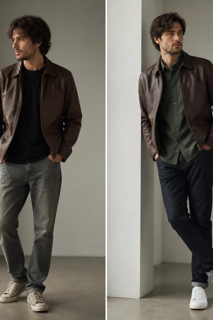Left: brown leather jacket over a plain black shirt with gray jeans and worn-out sneakers. Right: the same jacket over a muted forest-green overshirt, paired with dark indigo jeans and white leather low-tops.