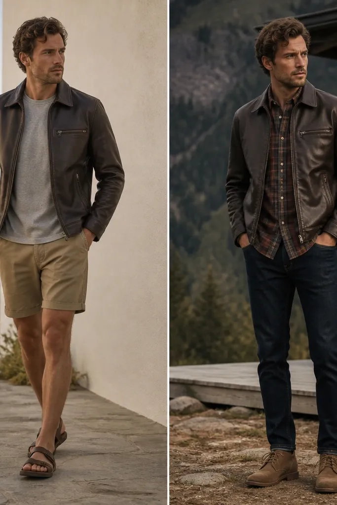 Split image: left shows brown leather jacket over a plain gray tee with khaki shorts and sandals; right shows the same jacket layered over a red-brown plaid flannel with dark jeans and suede desert boots.
