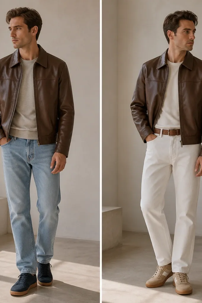 Left: brown leather jacket with no belt, paired with light blue jeans and dark sneakers. Right: same jacket with a brown leather belt, white straight-leg denim, and tan sneakers.