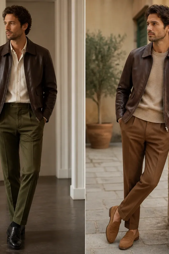 Left: brown leather jacket over an off-white shirt with olive pants and black shoes. Right: same jacket over a light tan knit, paired with caramel trousers and tan suede loafers.
