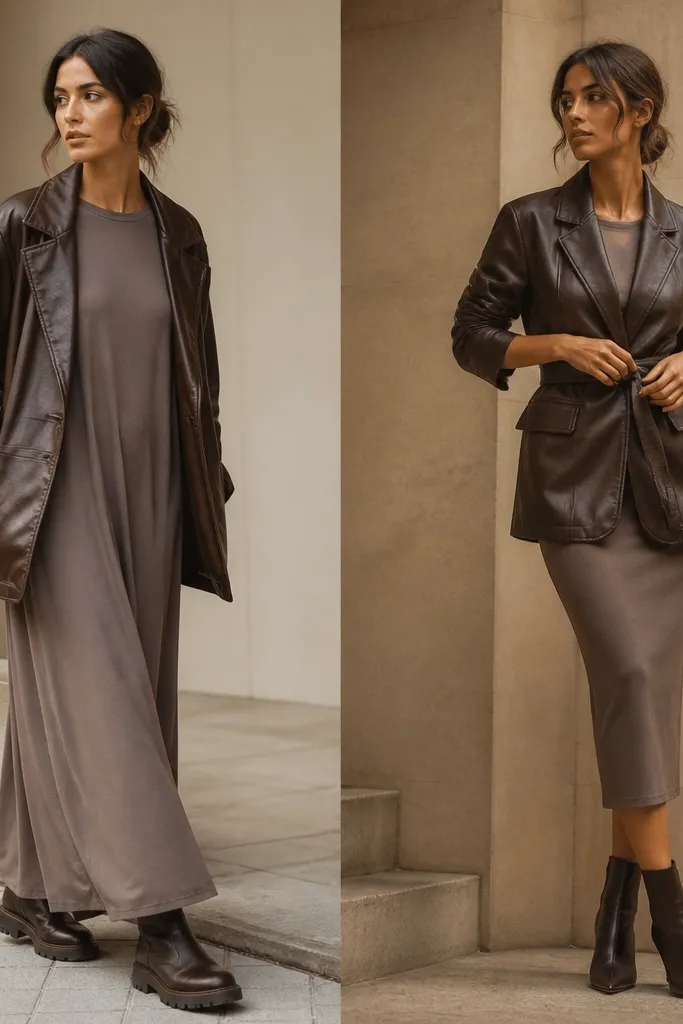 Left: brown leather jacket worn open over a long maxi dress with no waist definition and chunky boots. Right: same jacket worn with a belt at the waist over a fitted midi dress and sleek ankle boots.