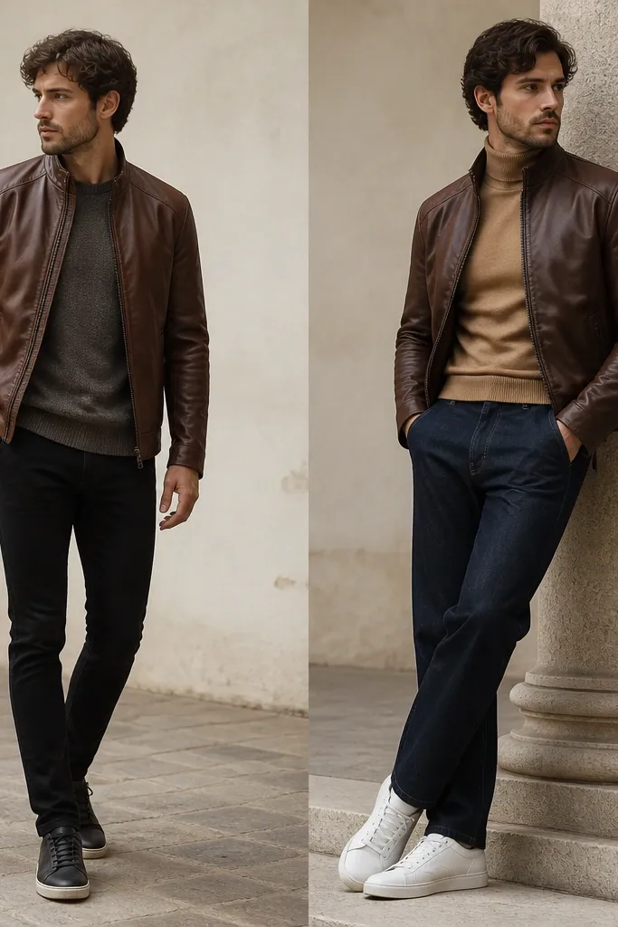 Left: brown leather jacket over a crewneck sweater with skinny black jeans and dark sneakers. Right: same jacket over a fitted camel turtleneck, paired with straight dark-wash jeans and minimal white sneakers.